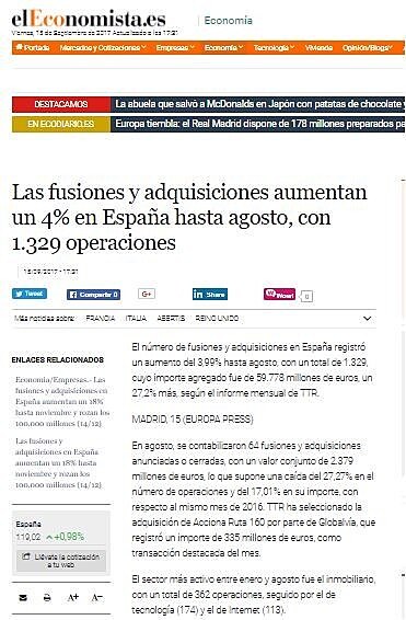 Las fusiones y adquisiciones aumentan un 4% en Espaa hasta agosto, con 1.329 operaciones